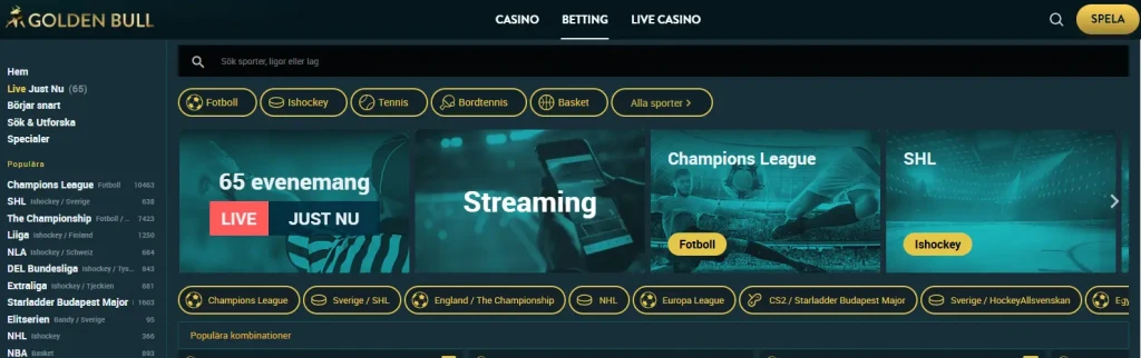 Golden Bull betting och livebetting